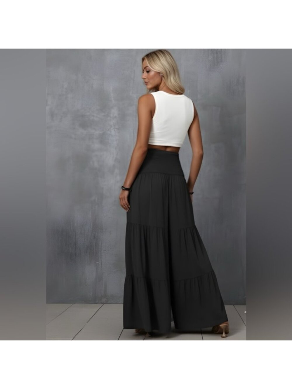 LAST ONE 🔥 Shirred Waist Tie Front Ruffle Hem Wide Leg Pants - Picture 2 of 7